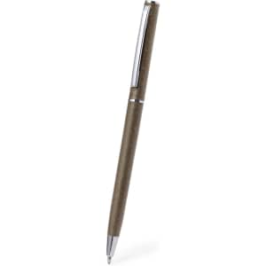 A pen with a brown textured body and silver accents, featuring a clip and a sleek design.