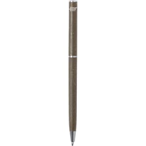A brown pen with a metallic accent and a logo, designed for writing.