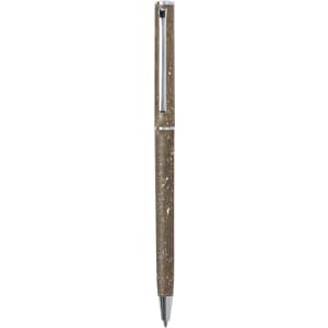 A brown pen with a sleek design and a logo on the barrel, featuring a silver clip and tip.