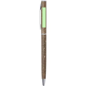 A brown pen with a green accent and silver clip, featuring a logo on its body.
