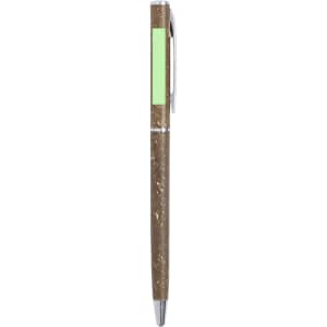 A brown pen with a metallic silver tip and a green accent. Features a branding logo.