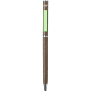 A brown pen with a green accent and a silver band. It features a branding logo on the side.
