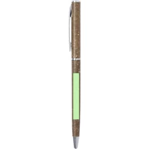 A brown pen with a speckled design and a green highlight section, featuring a silver clip.