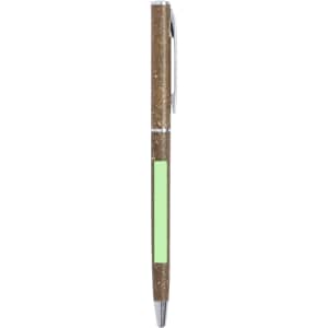 A brown pen with a sleek design and a green accent. It features a silver clip and has a logo on the side.