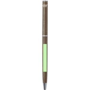 A brown pen with a green grip and silver accents, featuring a branding logo.