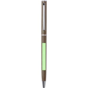A brown pen with a green accent and a clip, featuring a brand logo.