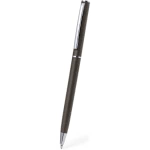 A brown pen with a silver clip, featuring a sleek design and a branded logo.
