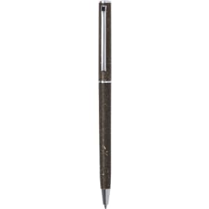 A brown pen with a speckled finish and silver accents, featuring a logo on its body.