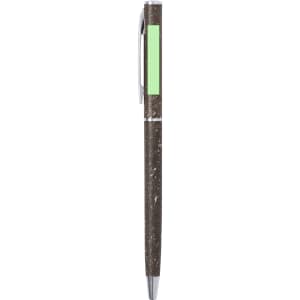 A brown and green pen with a silver trim and a clip, featuring a logo on its side.