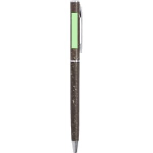 A brown pen with a green accent and chrome details, featuring a logo on its barrel.