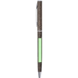 A pen with a dark brown speckled body and a green accent, featuring a silver clip and tip.