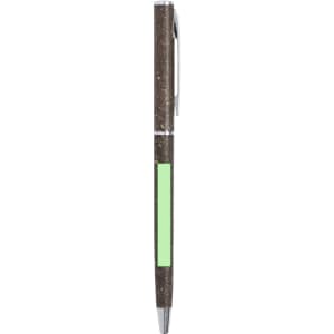 A green and brown pen with a silver clip and a branding logo.