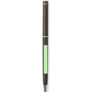 A brown pen with a green accent and a silver band. The pen features a logo.