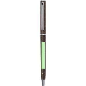 A brown pen with a green accent and a clip, featuring a logo on its body.