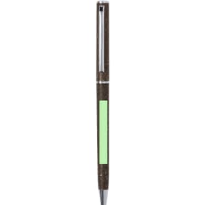 A brown pen with a green highlight, featuring a silver clip and a logo on its body.