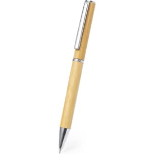 A wooden pen in a natural bamboo finish with chrome accents, featuring a clip and a smooth barrel design.