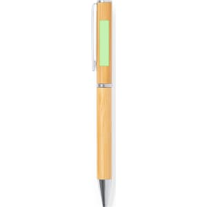 A wooden pen with a bamboo finish and a mint green accent, featuring a silver clip and black tip.