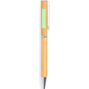 A wooden pen in a natural finish with metallic accents and a green section. It features a clip for easy attachment.