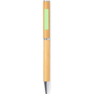 A wooden pen with a light bamboo finish and silver accents, featuring a green section. It has a logo.