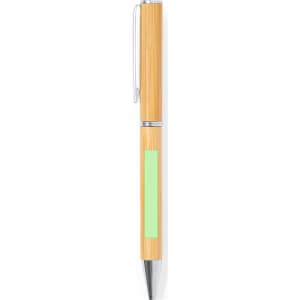 A wooden pen in a natural bamboo finish, featuring a silver clip and a green accent area.