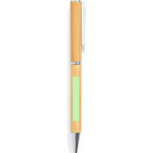 A wooden pen with a bamboo finish and a silver clip, featuring a blank area for branding.
