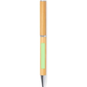 A wooden pen with a bamboo finish and chrome accents, featuring a blank area for personalisation.