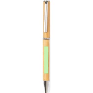 A wooden pen with a bamboo body, silver accents, and a green clip area. It features a logo on the body.