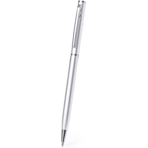A metal pen with a sleek silver finish and a clip at the top. It has a simple, elegant design.
