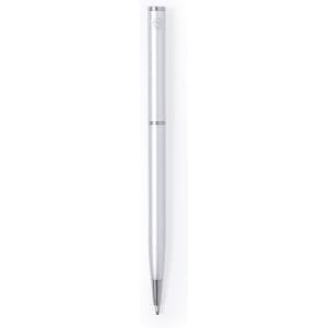 A metal pen in silver with a sleek design, featuring a subtle logo near the top.