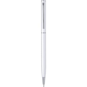 A metal pen in white with a silver clip and trim, featuring a logo on the barrel.