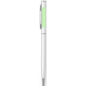 A white metal pen with a silver clip and a light green section, featuring a logo on the barrel.