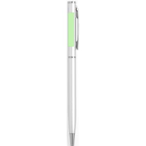 A metal pen with a white body and a green accent, featuring a clip and a logo.