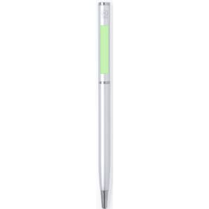 A metal pen in silver and green, featuring a logo at the top and a smooth, sleek design.