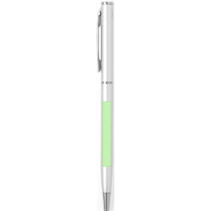 A metal pen in white with a green grip, featuring a clip and a logo on the barrel.