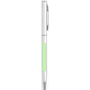 A metal pen with a sleek white body and a green grip, featuring a shiny silver clip.