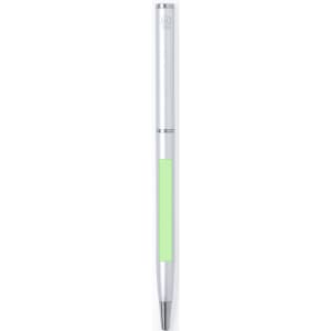 A metal pen with a silver finish and a lime green grip, featuring a branding logo.