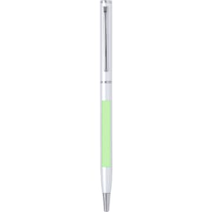 A metal pen with a white barrel and a light green grip, featuring a silver clip and nib, along with a logo.