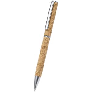A pen with a cork body and silver accents, featuring a sleek design and a clip for easy attachment.