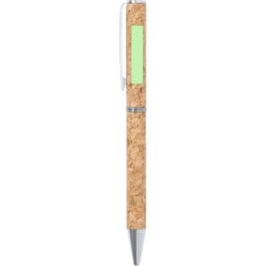 A cork pen with a silver clip and tip, featuring a green accent. It has a logo on the barrel.