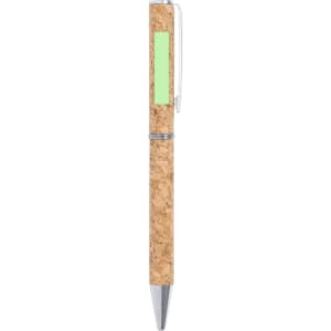 A cork pen with a silver clip and trim, featuring a green accent. The pen has a natural, eco-friendly design.