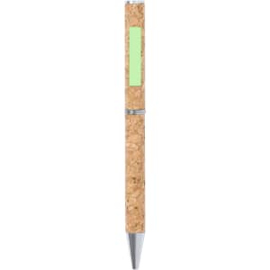 A cork pen with a silver tip and a green accent. It features a logo on the surface.
