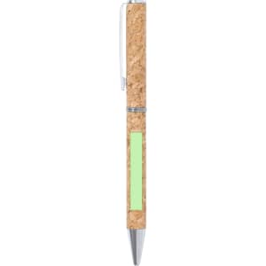 A cork pen with a silver clip and a green accent band. The pen features a sleek design and a branding area.