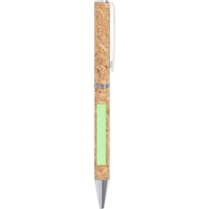 A cork-textured pen with a silver tip and clip, featuring a green accent area. It has a logo on its body.
