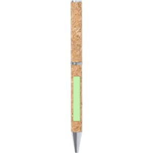 A pen with a cork body and silver accents, featuring a green strip, designed for writing.