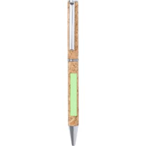 A cork-textured pen with a shiny silver tip and green accent, featuring a logo.