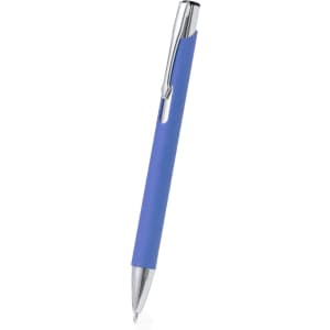 A blue pen with a chrome clip and trim, featuring a textured grip and smooth writing tip.
