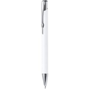 A white pen with a chrome clip and tip, featuring a sleek, minimal design. It has a branding logo on the barrel.