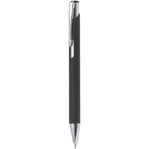 A black pen with a chrome clip, featuring a smooth barrel design and a shiny tip. It includes a logo on the barrel.