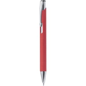 A red pen with a chrome clip and a smooth finish. It features a simple design and has a logo on it.