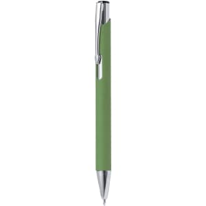 A green pen with a silver clip and tip, featuring a sleek design and branding.